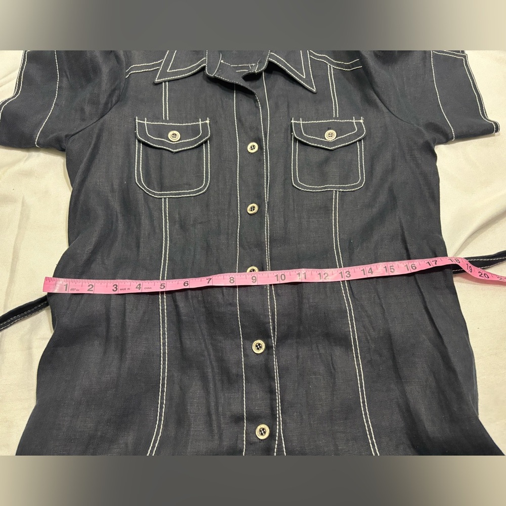 Linen Dress Button Up Navy White Stitching Belted - Picture 7 of 9